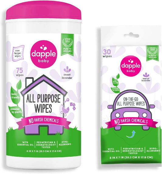 All Purpose Wipes by Dapple Baby, Hint of Lavender, 75 Count Canister + 30 Count Pouch - Plant Based & Hypoallergenic Cleaning Wipes