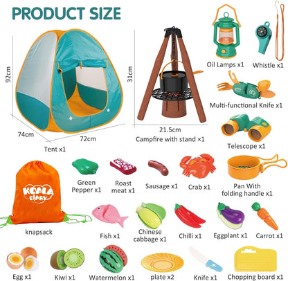 REMOKING Kids Camping Gear Set,28 PCS Camping Tool Pretend Role Play Toys with Play Tent/Campfire/Telescope/Whistle/Fruits Toys,Indoor Outdoor Game for Toddler Kids Boys Girls Age 3 4 5 6 7 8