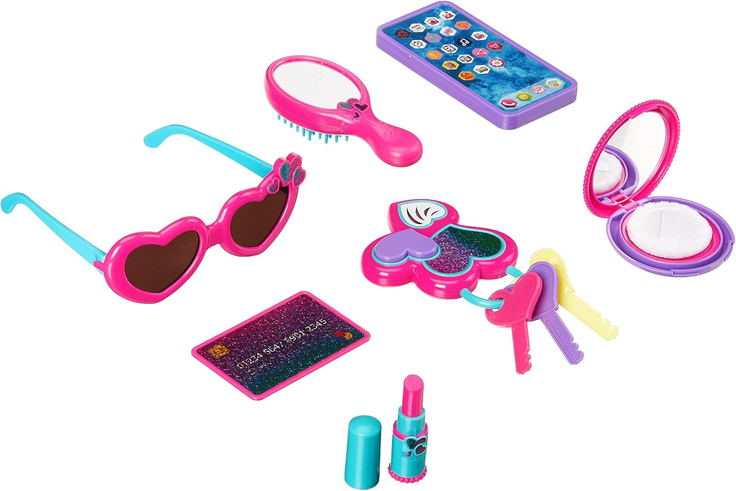 Amazon Basics Pretend Play Purse Toy For Kids Ages 3 and Up, Handbag Including Smartphone, Sunglasses, Makeup Compact, Keys and Credit Card, 8-Piece Set, Pink
