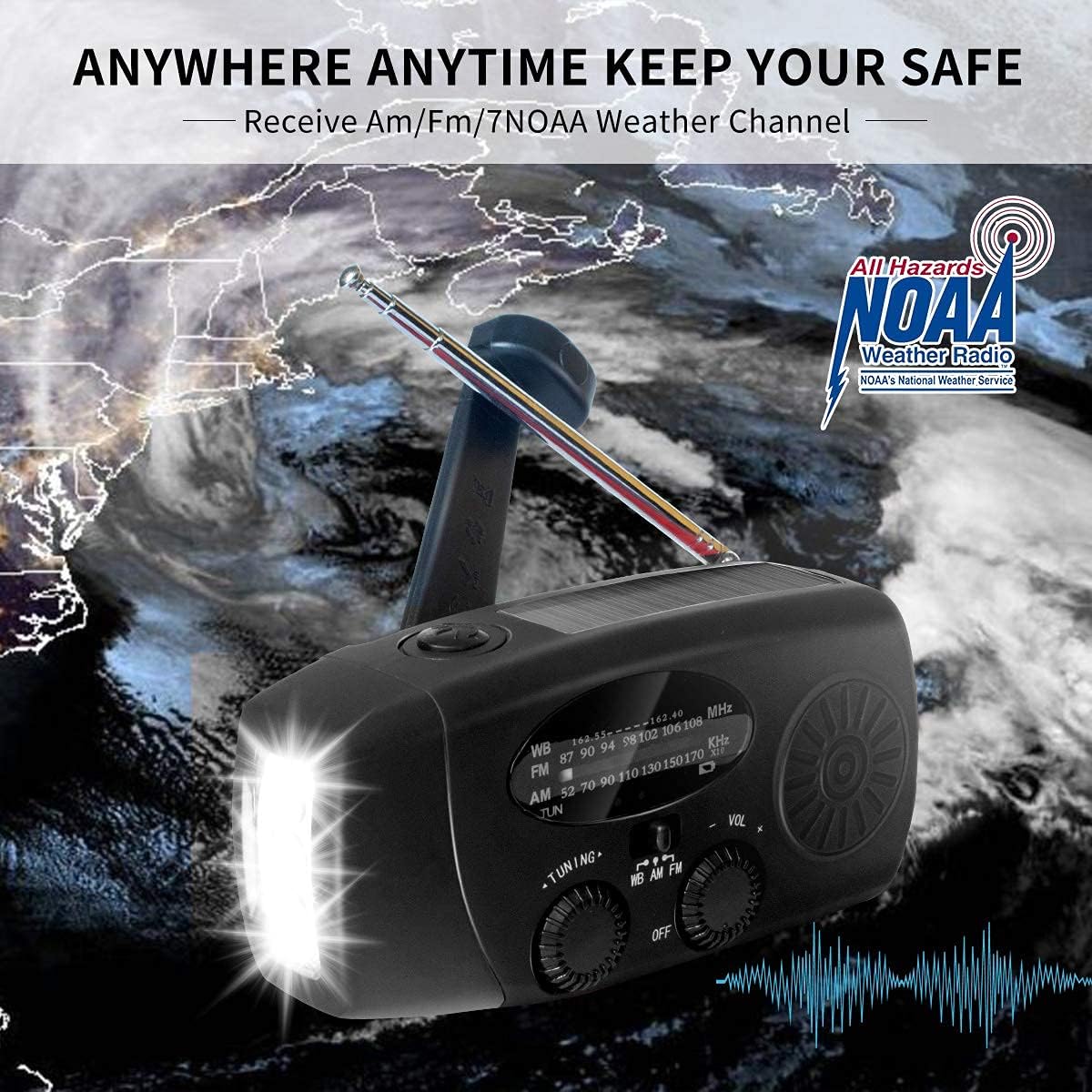 2021 Upgraded Emergency Solar Hand Crank Radio with LED Flashlight, Portable Am Fm NOAA Weather Radio, 2000mAh Solar Power Bank Cell Phone Charger for Home and Outdoor (Black)