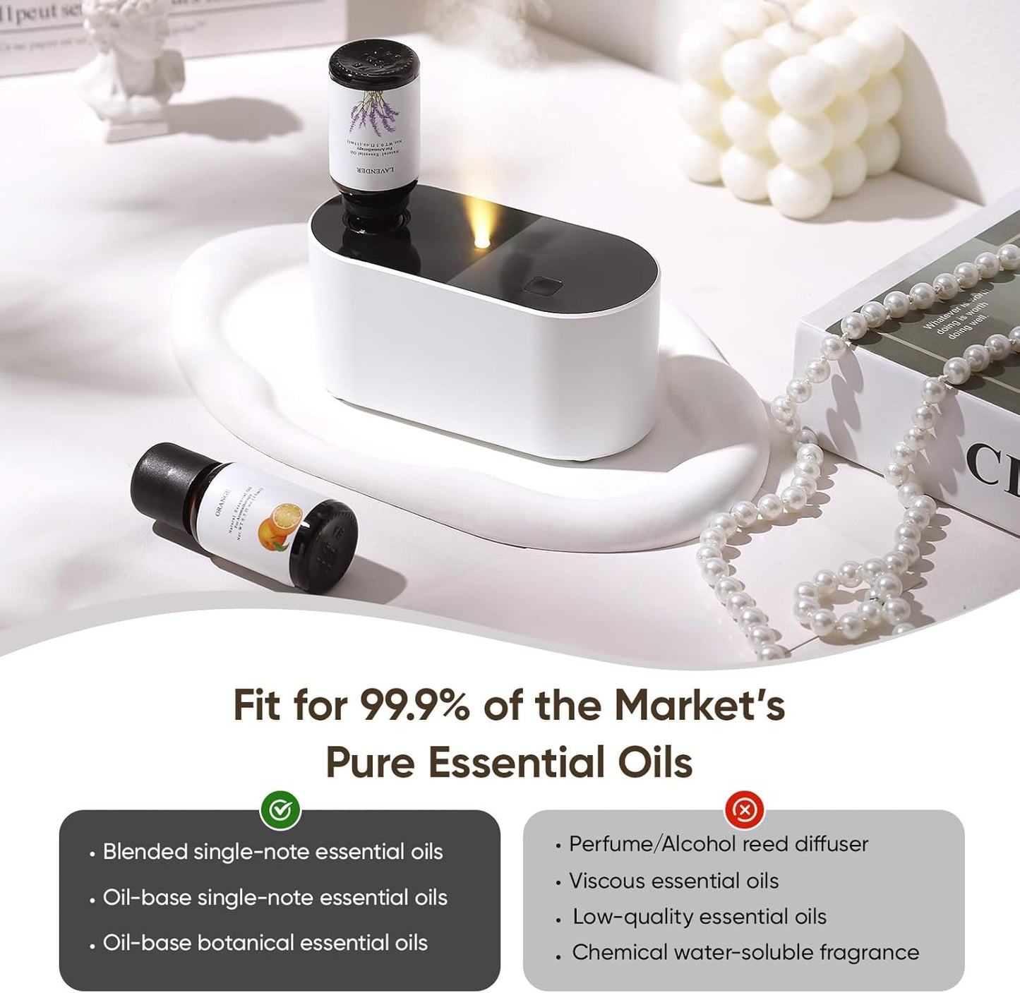 Waterless Diffuser for Essential Oil, Scent Air Aromatherapy Diffuser, Mini Portable Aroma Diffusers with 3 Mist Modes, Cycle Start, for 160 sq.ft Room Home Office Bedroom