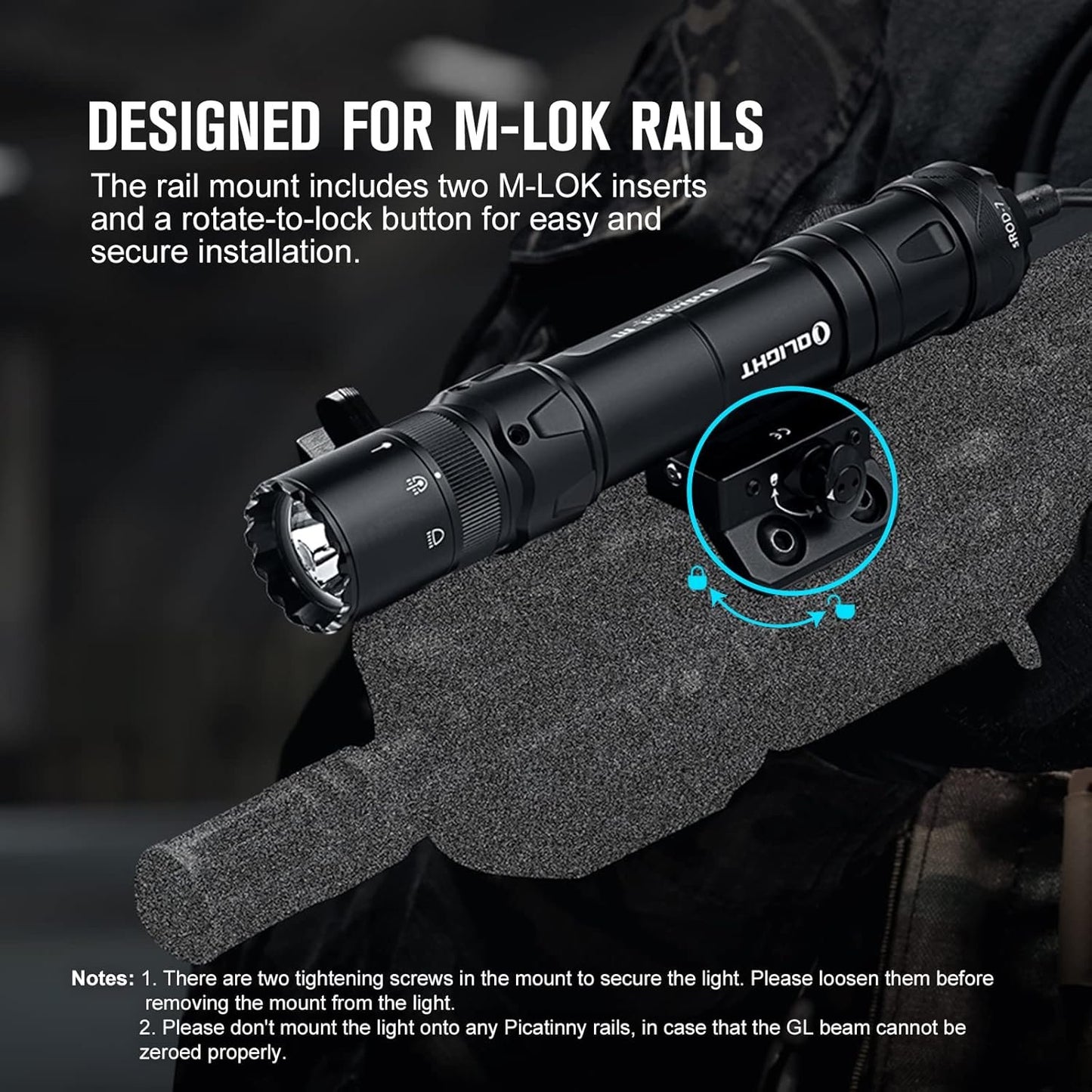 OLIGHT Odin GL M 1500 Lumens Rechargeable Tactical Flashlight, MLOK Flashlight with Green Beam and White LED Combo, Removable Slide Rail Mount, Dual-Button Remote Pressure Switch with 215 Meters Beam