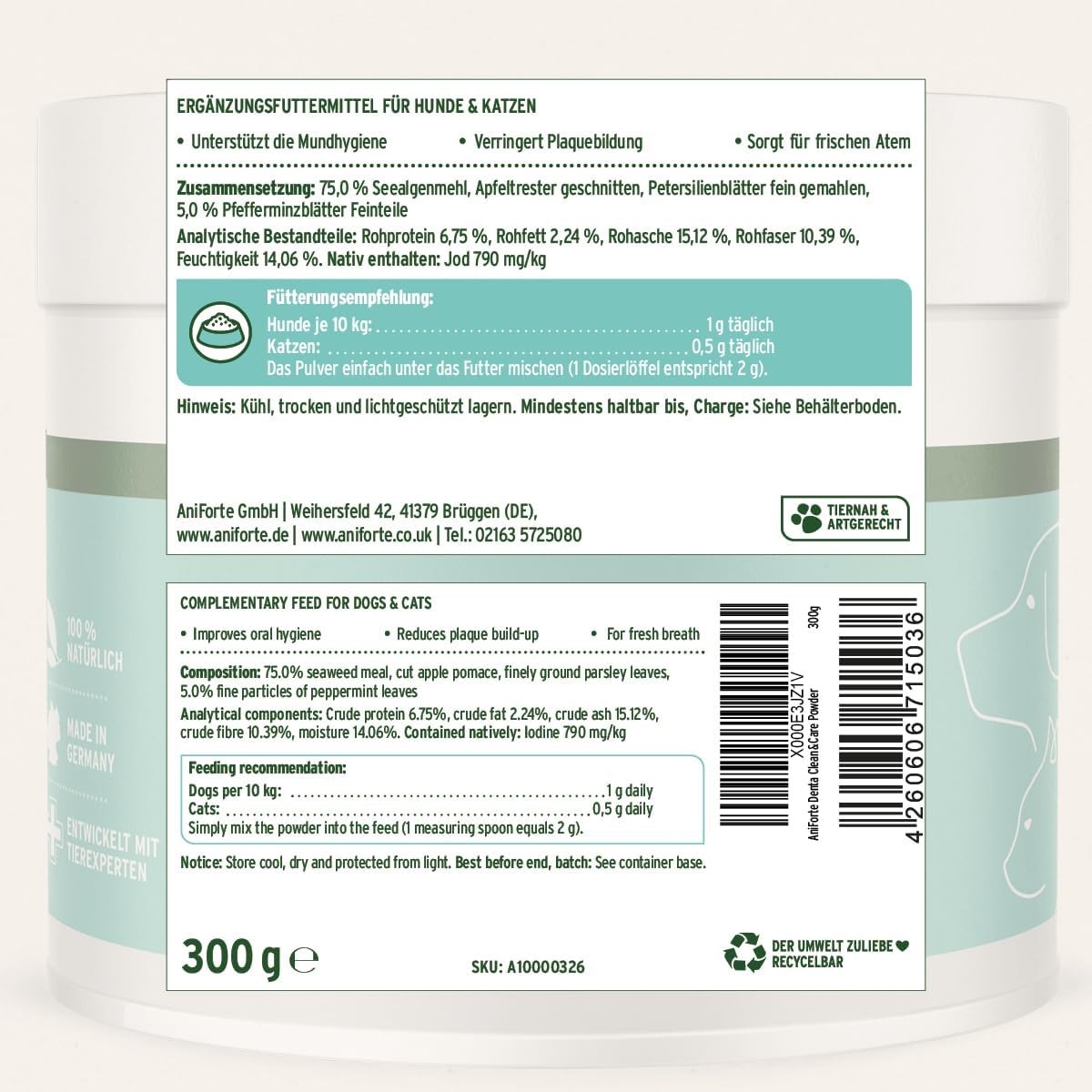 AniForte Denta Clean & Care Tartar Ex Powder 300 g for Oral Hygiene of Dogs and Cats, Natural Blend for Dental Care, Helps Prevent Plaque and Tartar