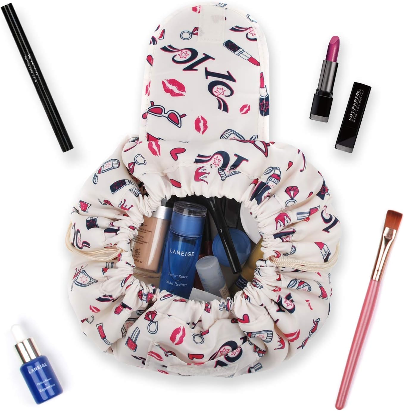 Crownish Women's Convenient and Waterproof Multifunction Portable Lazy Travel Cosmetic Storage Makeup Organizer Toiletry Bag with Drawstrings, White Lip, Travel Accessories