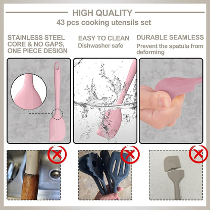 Silicone Cooking Kitchen Utensil Set, AIKKIL 43 Pcs Heat Resistant Cooking Utensils Set, Turner, Tongs, Spoon, Spatula, Kitchen Gadgets Tools Set for Nonstick Cookware, Pink(Dishwasher, BPA Free)