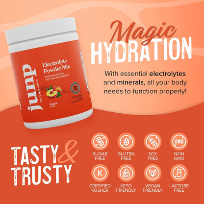 JUNP Hydration Electrolyte Powder, Electrolytes Drink Mix, Hydration Mix, Sugar Free, Gluten Free, 0 Calories, 0 Carbs, Keto Friendly, NON - GMO Kosher, 90 Servings. (Peach)