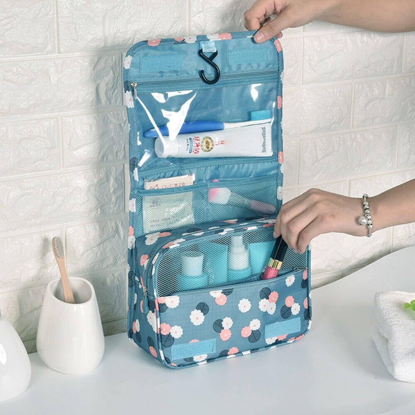 Multi-functional Cosmetic Makeup Case Pouch Large Travel Bath Wash Organizer Compact hanging Travel Bag toilet Bag toiletry Bag Washbag Organizer Kits Cosmetic Pouch/Personal care Hygiene Purse (Blue)