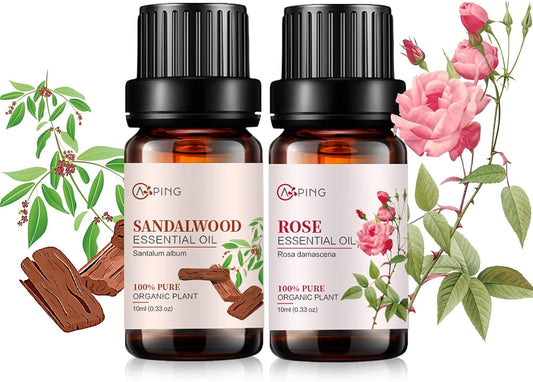 Rose & Sandalwood Essential Oils - 100% Pure Organic Natural Plant Oils for Diffuser, Aromatherapy, Spa, Massage, Yoga, Perfume, Body - 2x10ML