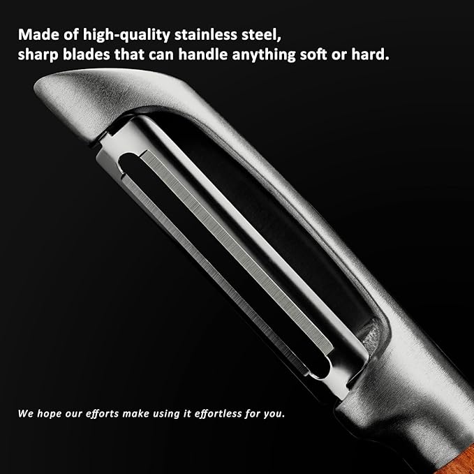 KU LUNER Premium 304 Stainless Steel Multifunctional Kitchen Fruit and Vegetable Peeler with Real Wood Handle，Ultra Sharp Strong Blade