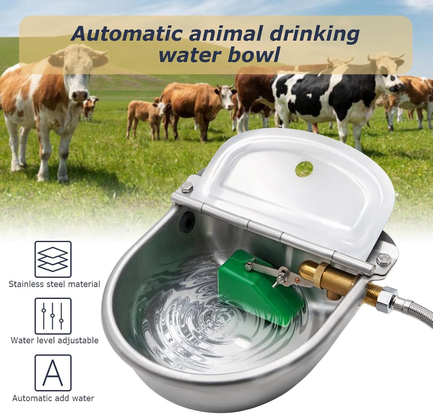 Automatic Water Dispenser for Dogs,304 Stainless Steel Automatic Chicken Waterer,Outdoor Dog Water Bowl with Brass Float Valve,Water Feeder for Livestock Poultry Duck Horse Goat Sheep