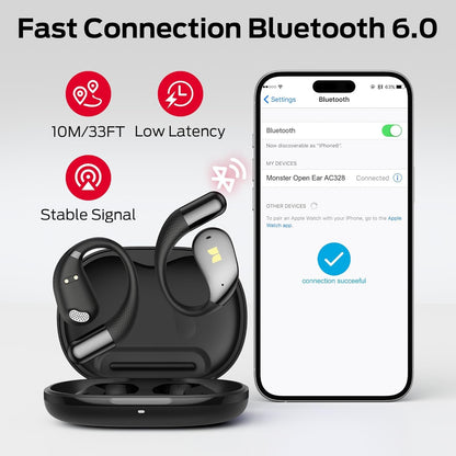 Monster Open Ear AC328 Wireless Earbuds, Open Ear Headphones 32H Playtime, Lightweight Comfort Bluetooth Earbuds, Bluetooth 6.0 Earphones Stereo Sound, Water Resistant Design for Sports, Black