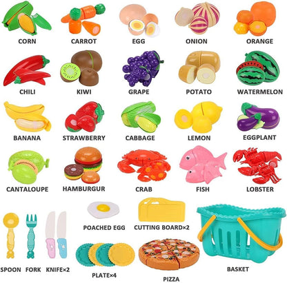 KaeKid Cutting Play Food Toys for Kids Kitchen, Pretend Role Play Toys with Basket, Preschool Educational Toys for Toddlers Boys Girls