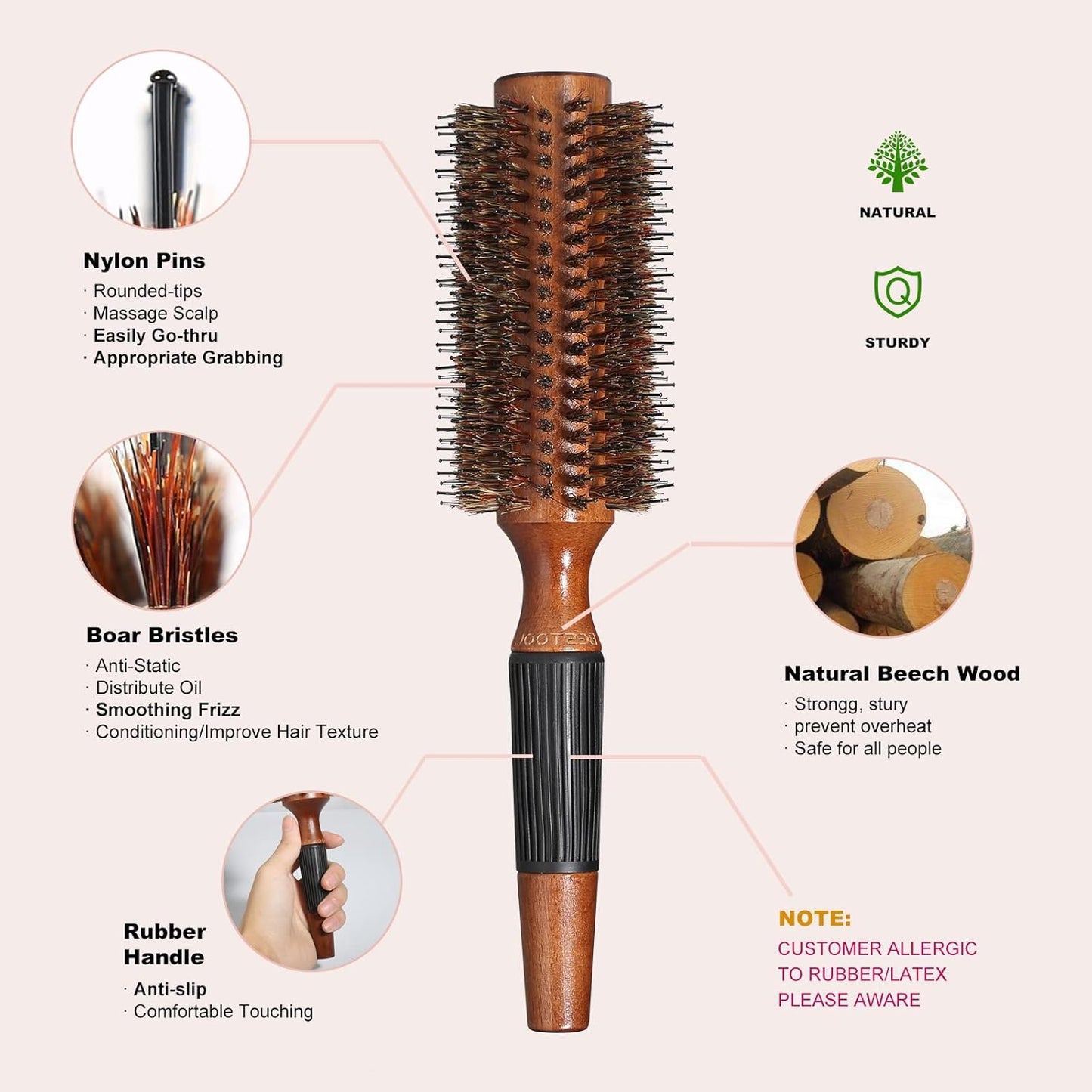 BESTOOL Nylon Pin Bristle Brush Detangling Wood Large Spiked Brush for Men Women Children Blow Drying Volume Adding Volume (2.5 inch)
