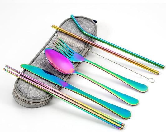 Travel Utensils Set with Case, Reusable Stainless Steel Cutlery Set for Lunch Bag, Portable Camping Utensils Set for Lunch Box, Flatware Silverware Set Including Spoon and Fork (Rainbow)