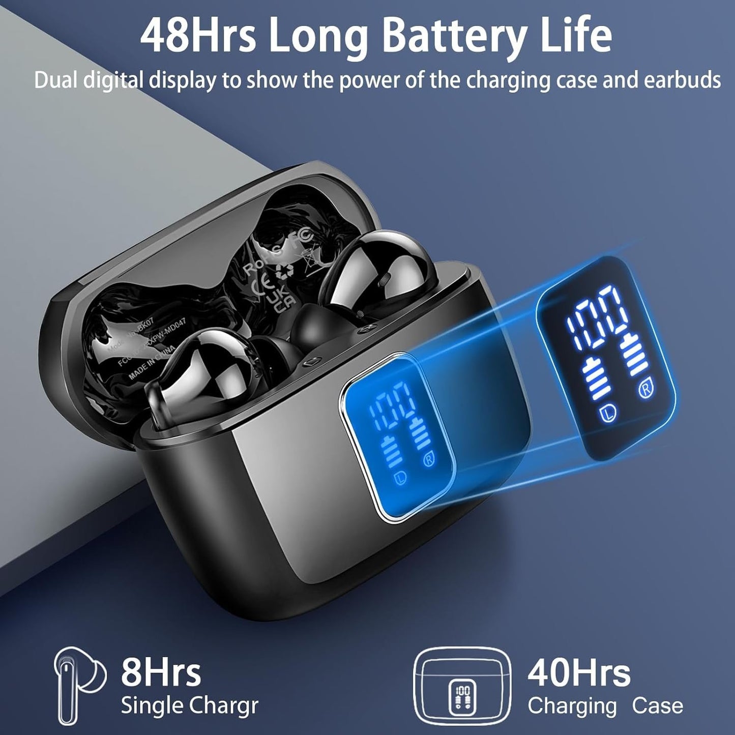 Wireless Earbuds, Bluetooth Ear Buds 5.3 Mini HiFi Stereo with 4 ENC Noise Cancelling Mics Wireless Headphones, in Ear Earphones 48H IP7 Waterproof, LED, USB C, Bluetooth Earbuds for Sports, Workout