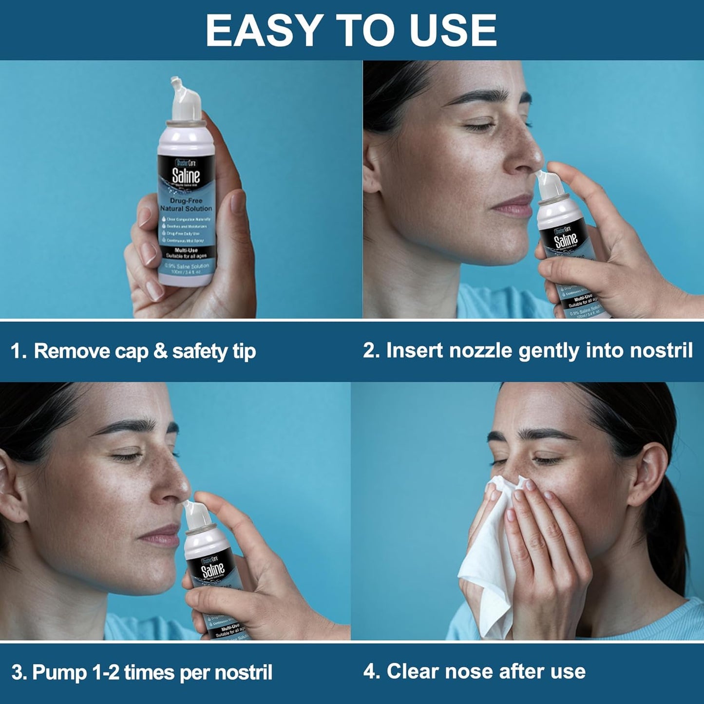 Saline Spray for Nose - Nasal Spray Saline Solution for Newborn, Baby & Adults, Salt Water Decongestant Mist for Stuffy Nose, Travel Friendly, Natural, 0.9% Saline - 100 ml (3.4 fl oz)