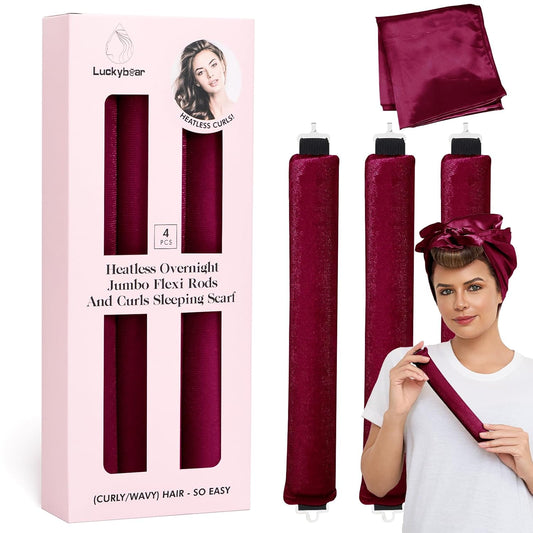 Heatless Curls Overnight Rods Jumbo Set, Heatless Hair Curler Velvet Satin Jumbo Flexi Rods to Sleep in, No Heat Overnight Sleeping Blowout Curls Wave Styling Tools with Silk Scarf 4pcs Wine Red
