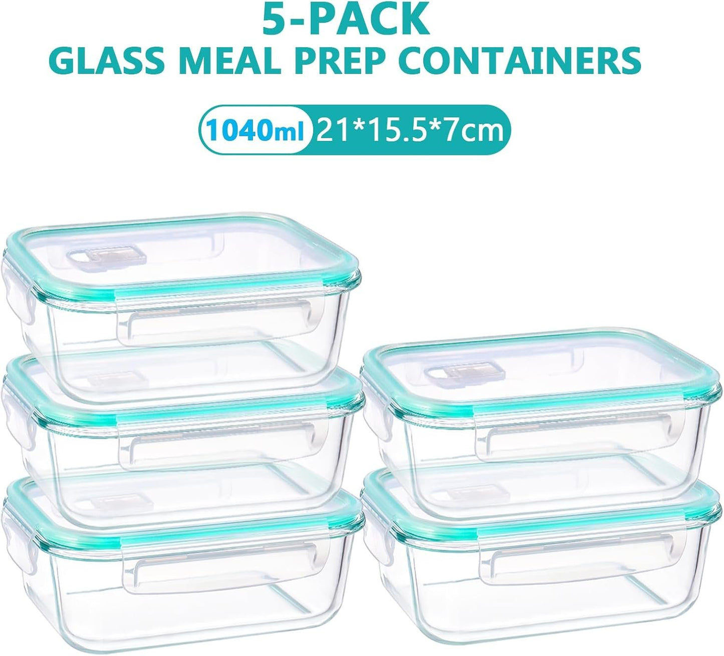 Feshory 5 Pack 1040ml(35oz) Airtight Glass Food Storage Containers with Plastic Lids - Glass Meal Prep Food Containers, Lunch Box for Kitchen Storage & Organisation