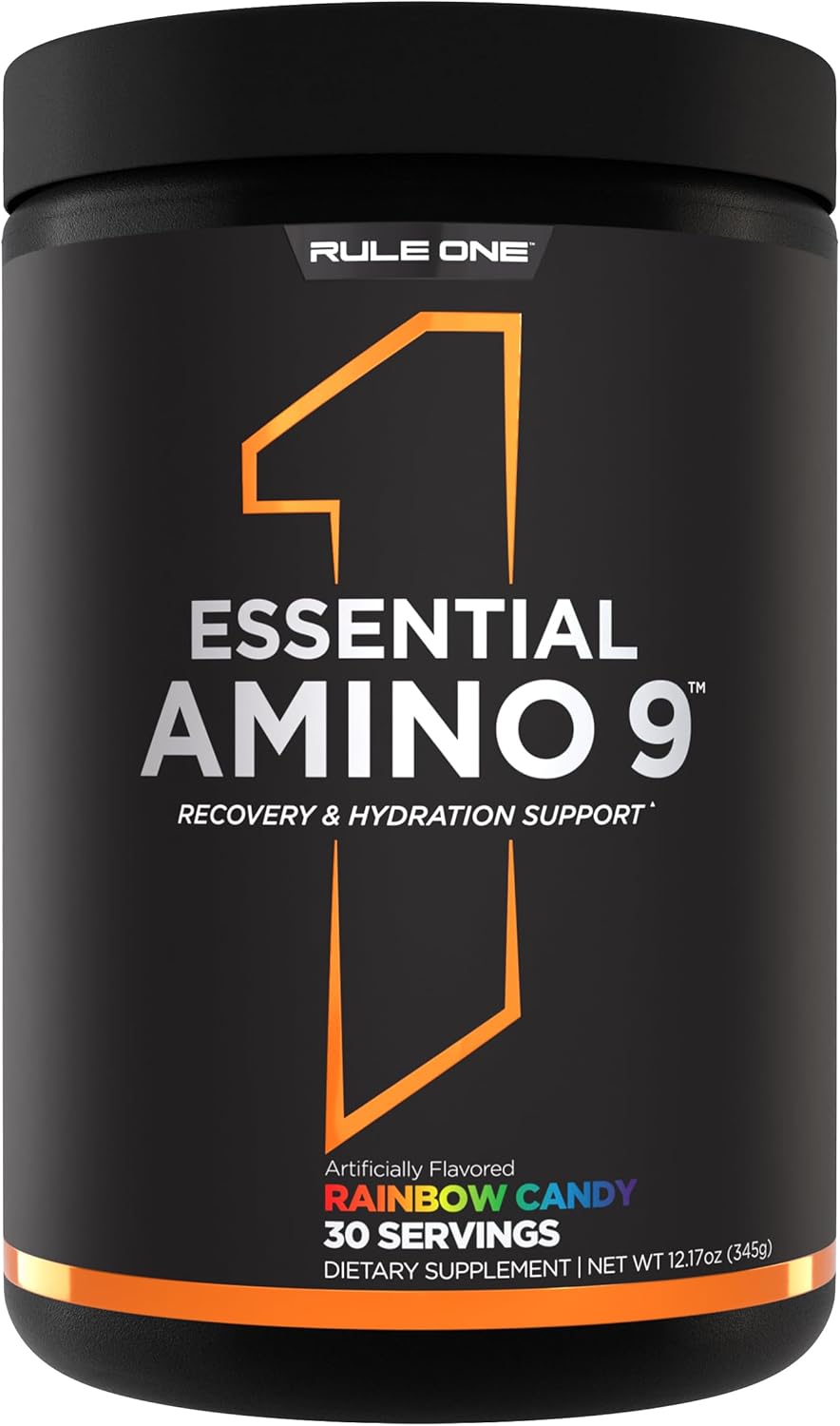 Rule1 R1 Essential Amino 9 Recovery & Hydration Support Supplement 345 g, Rainbow Candy (30 Servings)