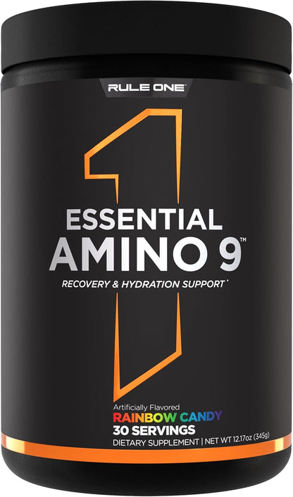 Rule1 R1 Essential Amino 9 Recovery & Hydration Support Supplement 345 g, Rainbow Candy (30 Servings)