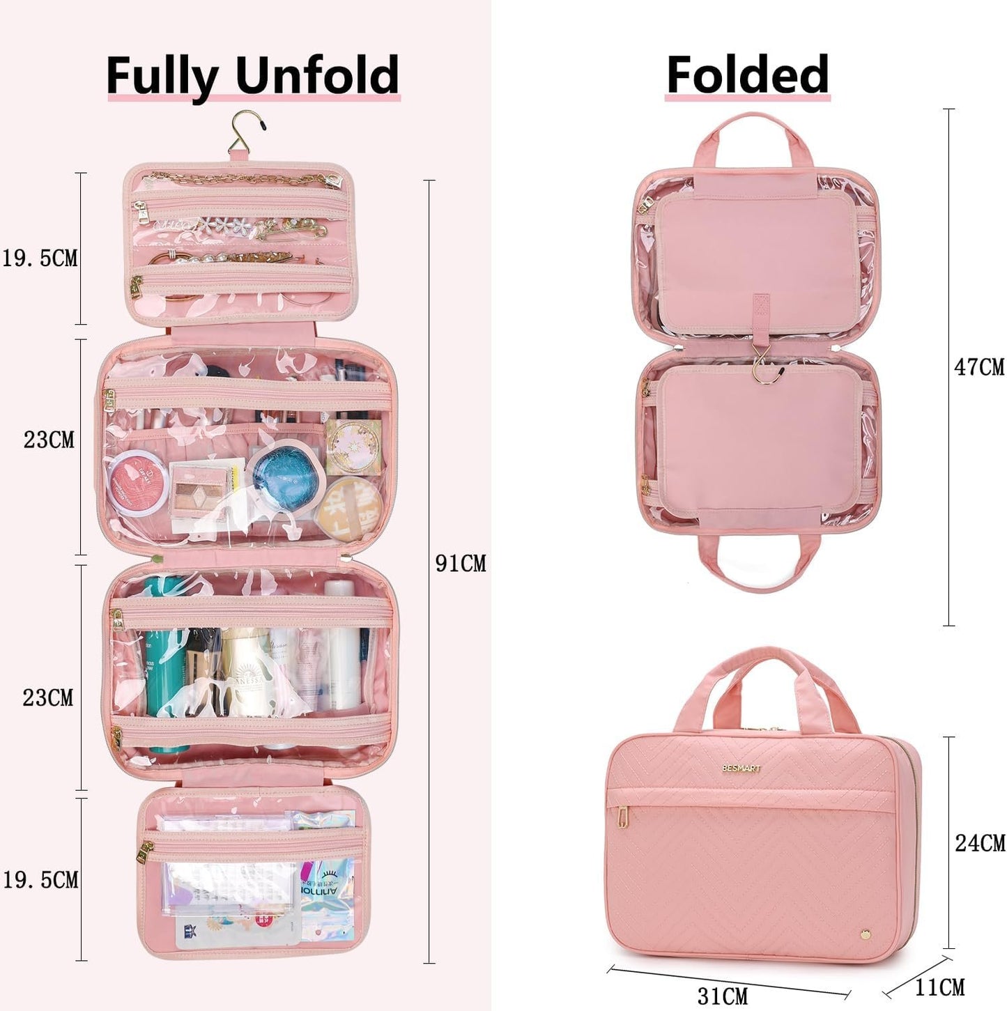 BESMART Travel Hanging Toiletry Bag for Women, Waterproof Makeup Organizer Washbags with Wet Pocket, Large Capacity Embroidery Cosmetic Bag for Trip/Workout//Holiday/Outdoor (Pink)