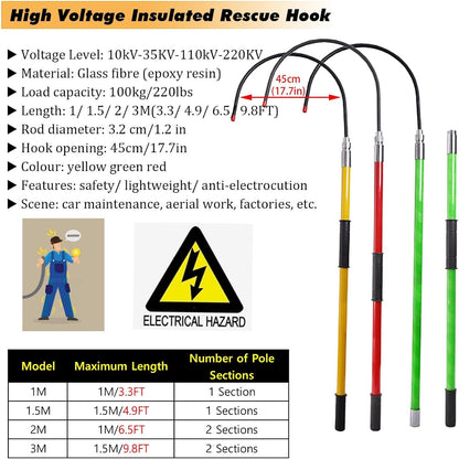 Insulated Handle Rescue Hook 3 5 Foot 6 10 Ft High Voltage Insulated Life Hook, Anti-electrocution Body Rescue Hook for Aerial Work/Electric Vehicles - Electrical Safety Emergency Life-Saving Tools(Re