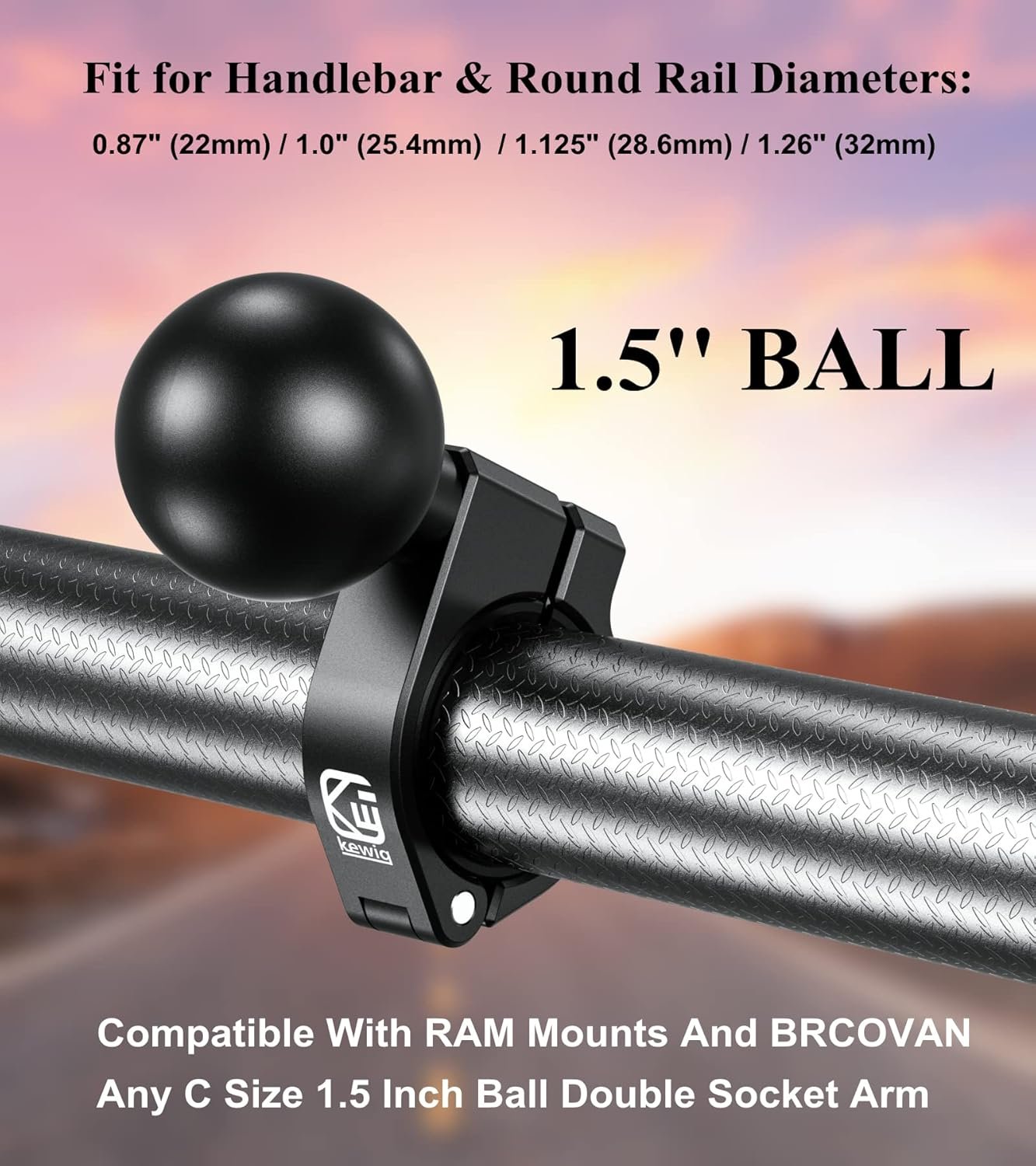 BRCOVAN 1.5'' Ball Mount, Aluminum Alloy Handlebar Clamp Base, Fit for Round Rails 0.875'' / 1'' / 1.125'' / 1.26'' in Diameter, Compatible with RAM Mounts C Size 1.5 Inches Ball Double Socket Arm