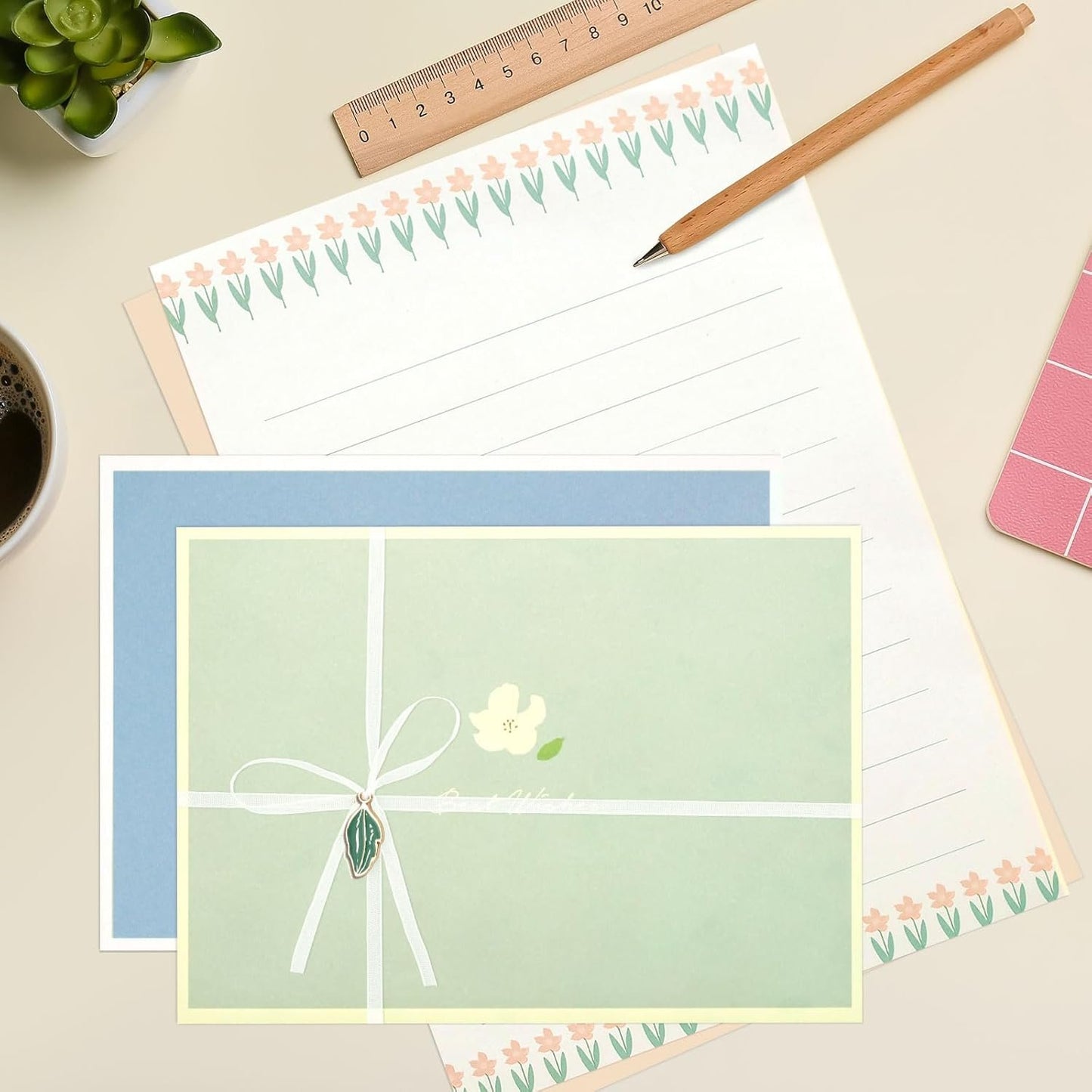 KSIWRE 48 PCS Stationery Paper and Envelopes Set,Cute Floral Stationary Set for Writing Letters,Double Sided Printing,Letter Writing Kit