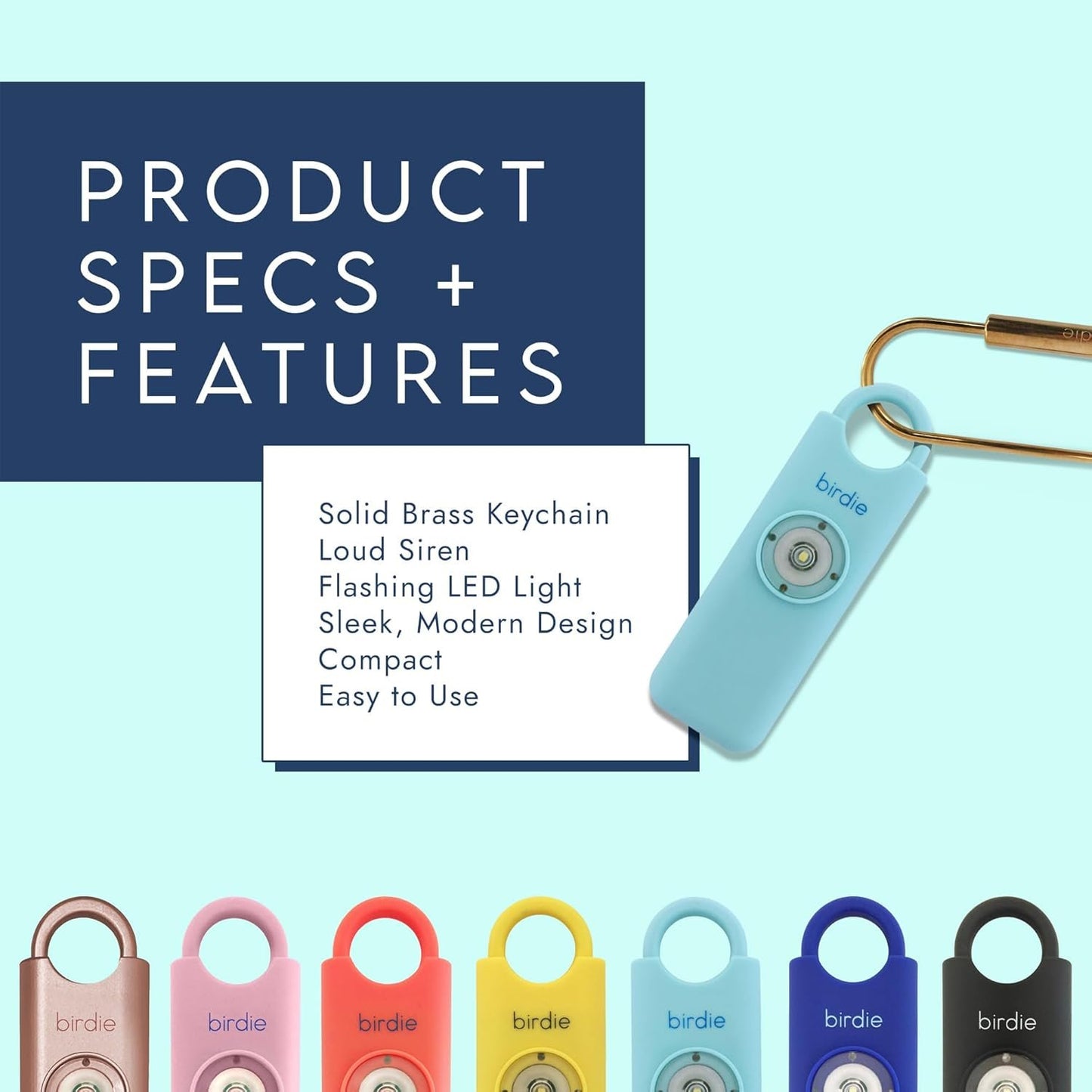 She's Birdie - The Original Personal Safety Alarm for Women by Women - LOUD Siren, Strobe Light and Solid Brass Key Chain in a Variety of Colors (Aqua)