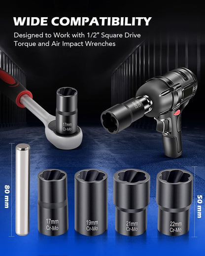 Orion Motor Tech Twist Socket Tool Set, 1/2" Drive 5pc Nut and Bolt Extractor Set, Rounded Bolt & Stripped Lug Nut Remover Tool Kit