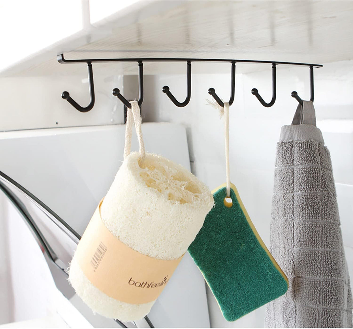 2 Pack Hanging Hooks Rack Cup Holder Under Cupboard Cabinet Coffee Mug Holder 6 Hooks Drilling Free Coffee Cups Holder Kitchen Utensil Storage Organizer Hook Rack