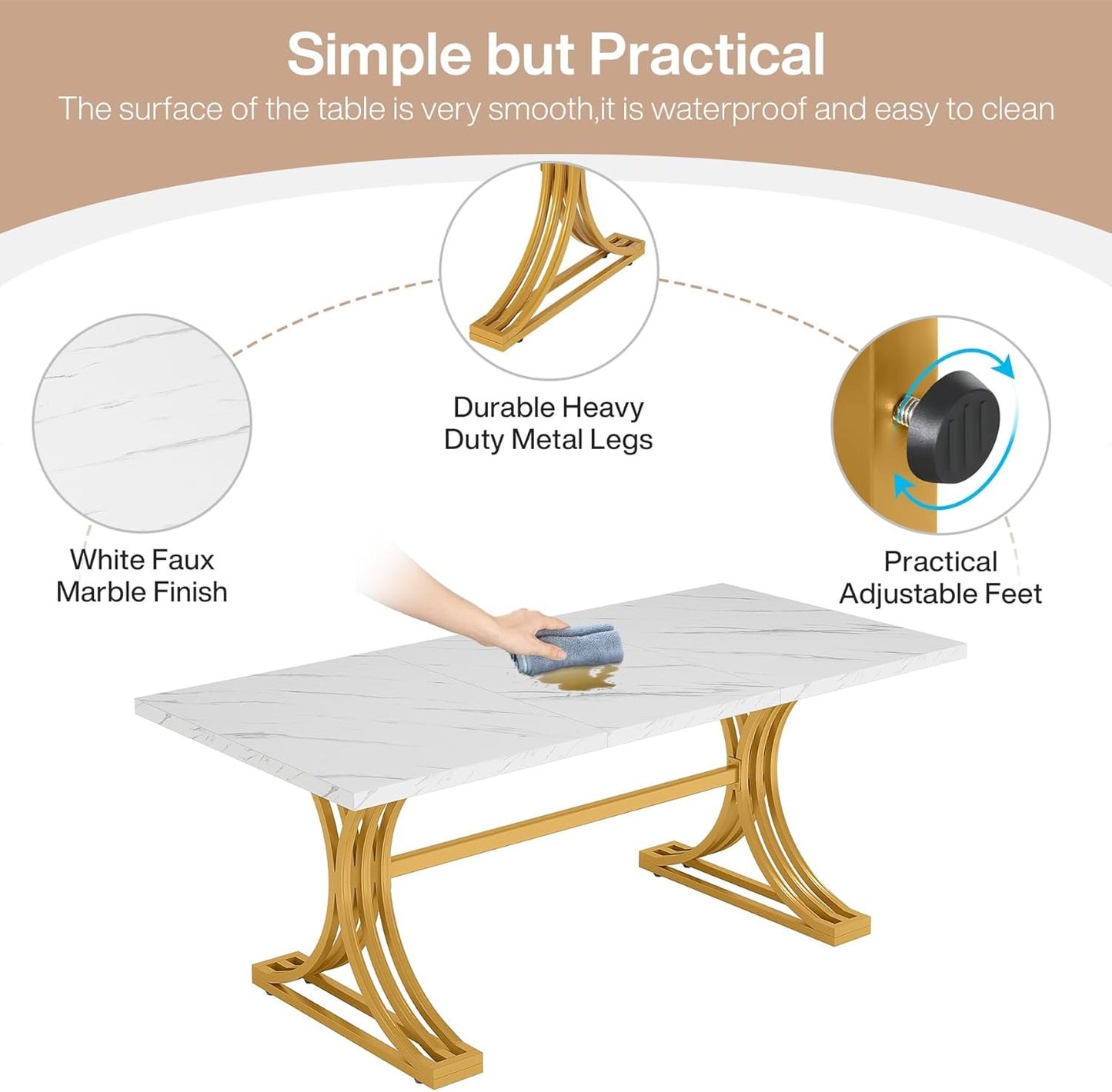 Tribesigns 63-Inch Rectangular Dining Table for 4 to 6, Modern Kitchen Table with Stylish Metal Trestle Legs, Large Dinner Tabletop for Dining Room, Chair Not Included (White+Gold)