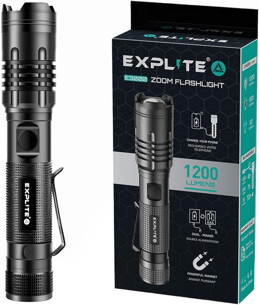 EXPLITE Rechargeable Flashlight USB-C Magnetic Zoom Dual Power 3AAA, Camp Lantern Flashlights Diffuser 1200 High Lumens, Powerful Tactical Flash Light Torch for Home, Emergency, Police