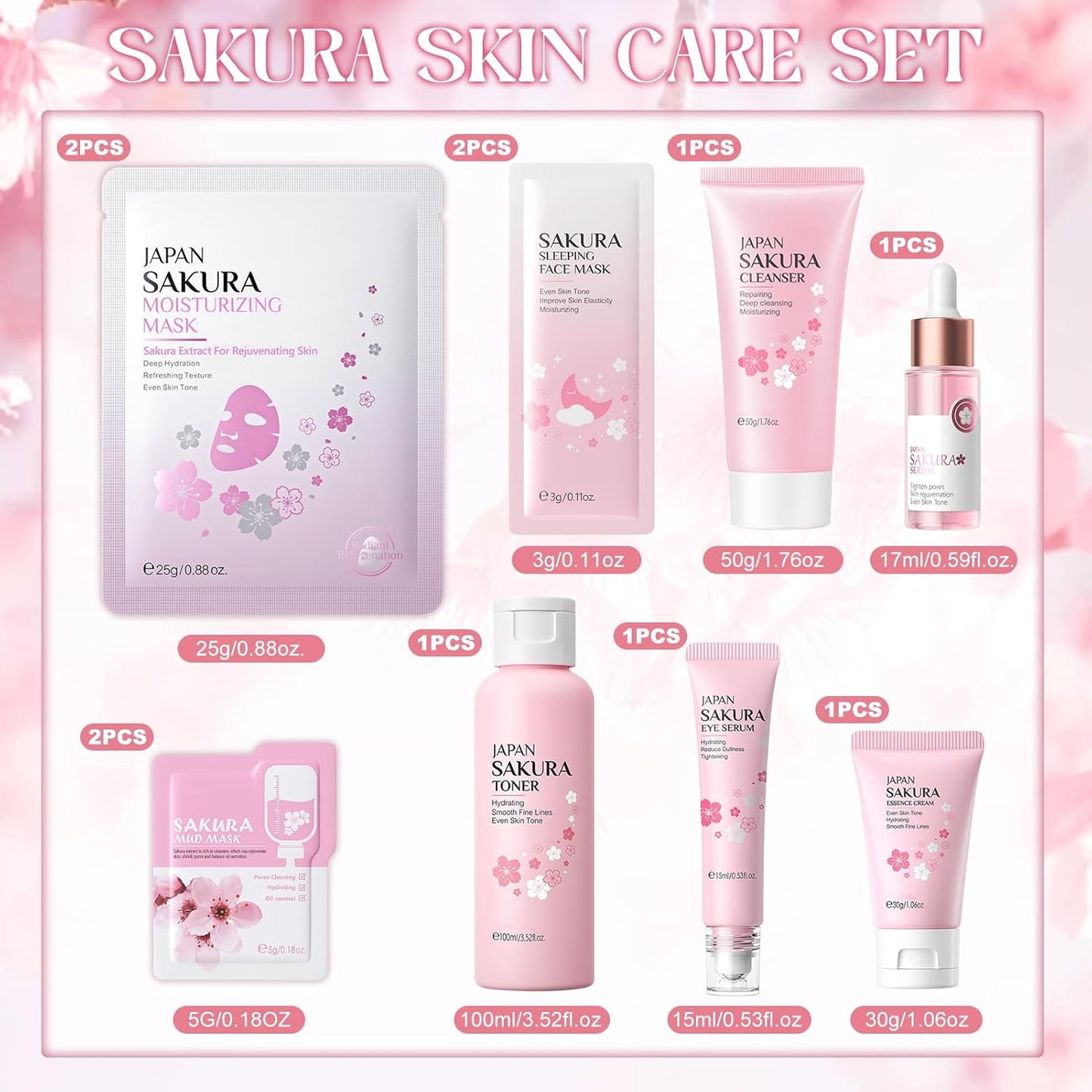 Sakura Skin Care Kit 11 Pieces, Includes Cleanser, Tonic, Face Cream, Serum and Eye Cream, Complete Face Skincare Set for Girls and Women