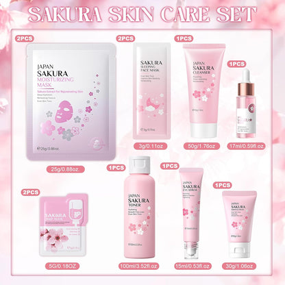 Sakura Skin Care Kit 11 Pieces, Includes Cleanser, Tonic, Face Cream, Serum and Eye Cream, Complete Face Skincare Set for Girls and Women