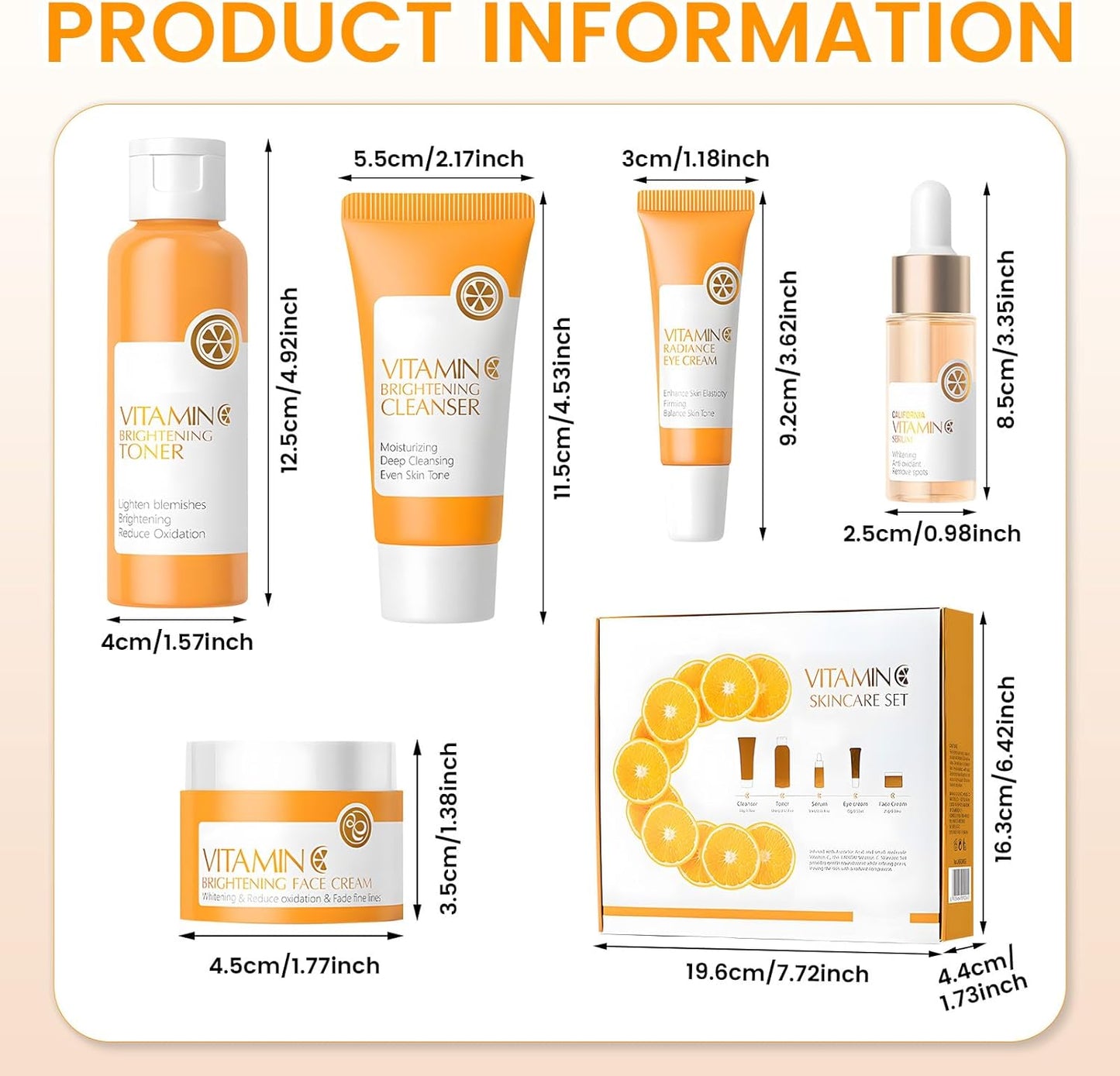 Vitamin C Skin Care Kit, 5 Piece Skincare Kit with Vitamin C Cream, Cleanser, Eye Cream, Serum, Tonic, Full Face Skincare Kit for Radiant Skin