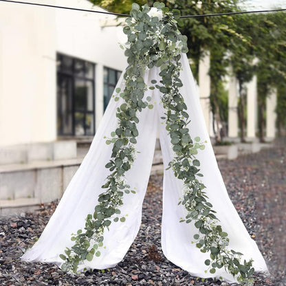 Eucalyptus Garland With White Flowers, 4 Packs 180cm Silver Dollar Eucalyptus Boxwood Gypsophila Vines for Wedding Party Mantle Table Runner Home Decor