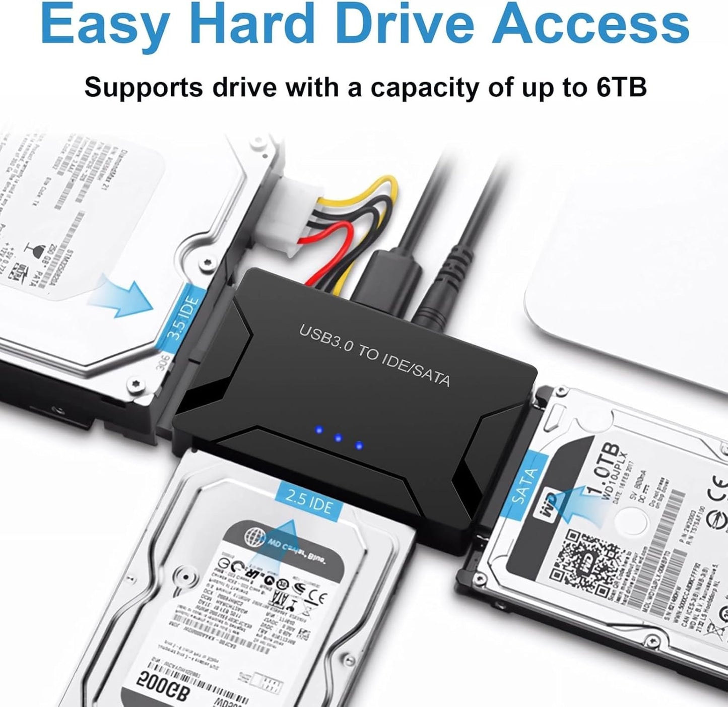 USB 3.0 to SATA/IDE Adapter, External Hard Drive Reader Ultra Recovery Converter Compatible with 2.5/3.5in HDD/SSD DVD Optical Drive