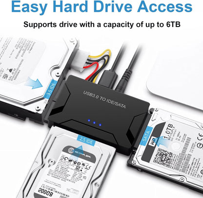 USB 3.0 to SATA/IDE Adapter, External Hard Drive Reader Ultra Recovery Converter Compatible with 2.5/3.5in HDD/SSD DVD Optical Drive