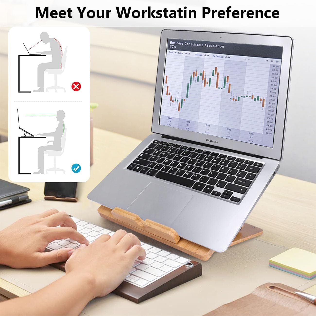 Gocokia Bamboo Fodable Laptop Notebook Riser Stand Desktop Adjustable with 4 Angles Notebook Mount Holder, Folding Laptop Cooler Stand for Macbook,Tablet,Kindle