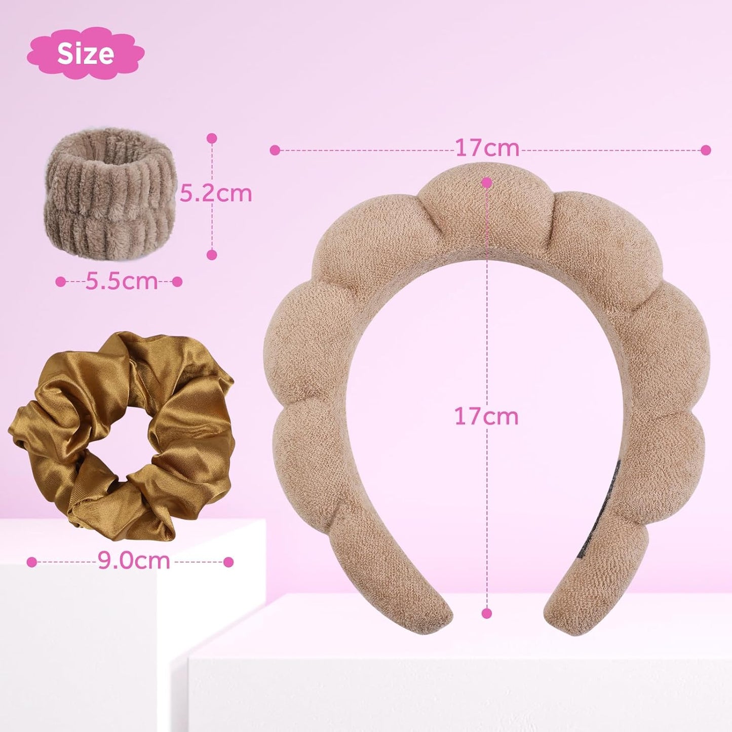 WD&CD Spa Makeup Headband Set, Headband Skincare Headband for Woman, Face Wash Wristband and Scrunchies For Hair, Brown
