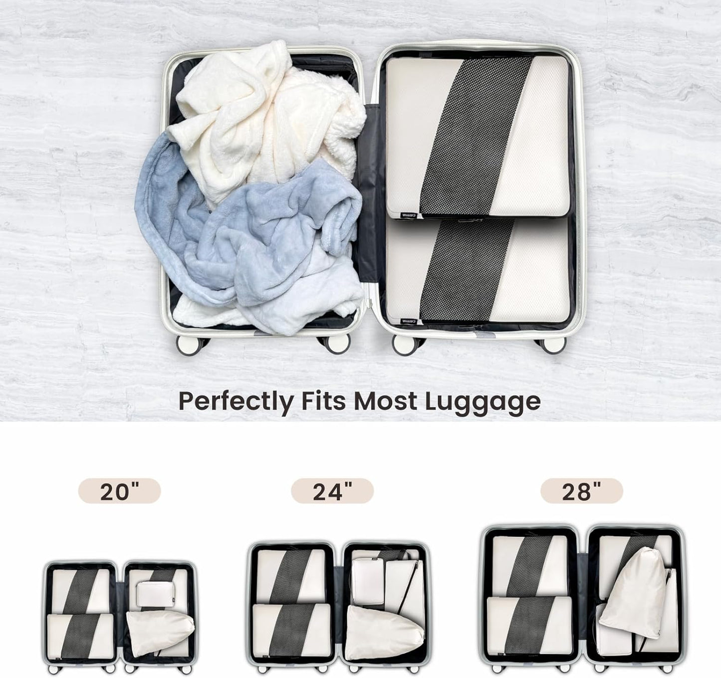 Carttiya Space-Saving Travel Suitcase Organizer Set, Waterproof Expandable Ultralight Compression Packing Cubes, Travel Suitcase Organizers, Travel Backpack Organizer, Cream White, 6 Pieces