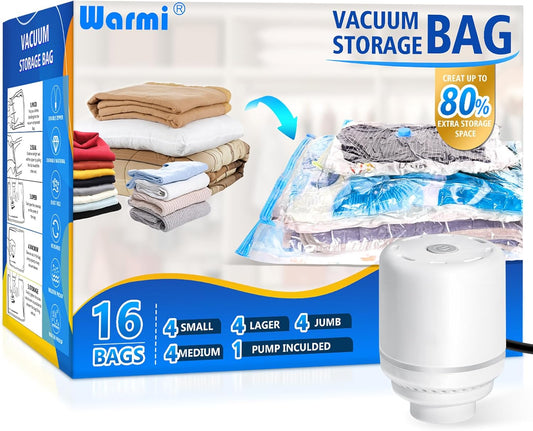 Warmi 16 Pack Vacuum Storage Bags with Electric Air Pump - Vacuum Sealer Bags for Clothes Storage, Blanket, Duvets, Pillows, Comforter, Moving Home Storage & Organisation