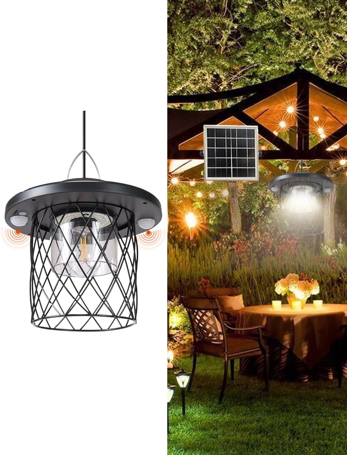 Solar Pendant Lights Outdoor,Motion Sensor Lights, IP65 Waterproof, Switchable 5 Lighting Modes. Remote Control and Solar-Powered ，Suitable for porches, Gardens,garages, and Emergency Lighting