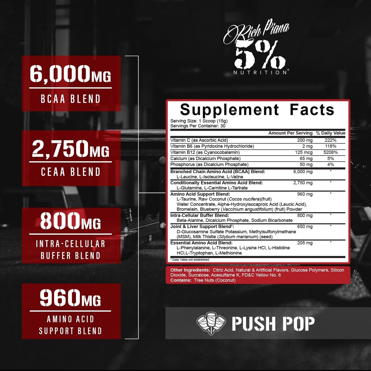 Rich Piana 5% Nutrition AllDayYouMay BCAA Powder, 9g Amino Acids | Elite Intra & Post Workout for Muscle Recovery, Hydration, Endurance, Joint & Liver Support (Push Pop)