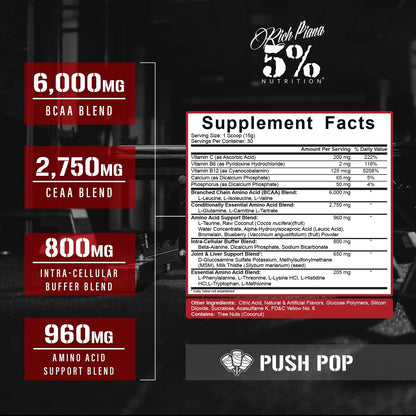 Rich Piana 5% Nutrition AllDayYouMay BCAA Powder, 9g Amino Acids | Elite Intra & Post Workout for Muscle Recovery, Hydration, Endurance, Joint & Liver Support (Push Pop)