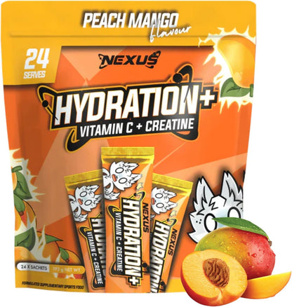 Nexus Hydration+ Electrolyte Powder Sachets, Alternative for Hydralyte Tablets, Taurine, Potassium, Magnesium, Sodium Citrate, Gluten Free, Zero Fat, Vitamin C, B1, B3, B6, E, 8g (Pack of 24), Peach Mango