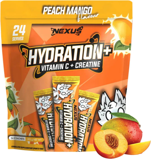 Nexus Hydration+ Electrolyte Powder Sachets, Alternative for Hydralyte Tablets, Taurine, Potassium, Magnesium, Sodium Citrate, Gluten Free, Zero Fat, Vitamin C, B1, B3, B6, E, 8g (Pack of 24), Peach Mango