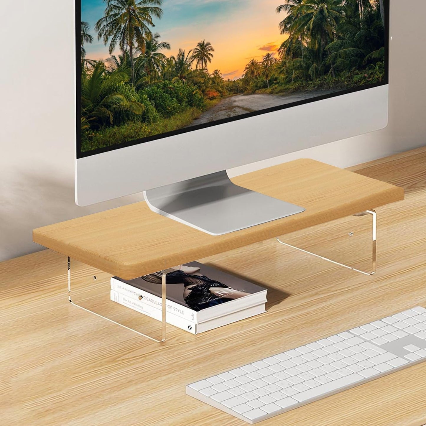 Monitor Stand Riser 5.5/8.5 cm 2 Height Adjustments Acrylic Stand with Installation Tool, Desk Organizer Accessories Office Desk Storage Rack Screen/PC/Printer/Laptop Riser 20x40 cm (Maple)