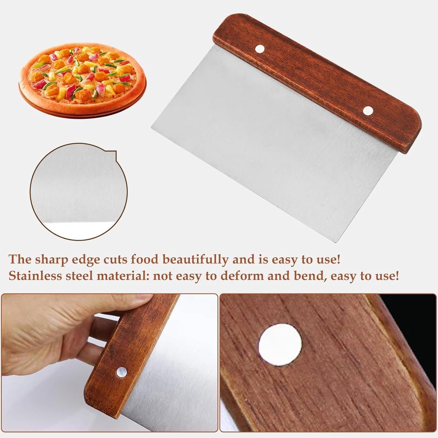 2 Pack Dough Scraper, Stainless Steel Bench Scraper Kitchen Bread Making Tools Pastry Cutter with Wooden Handle Durable Kitchen Gadgets for Baking Cake Pizza